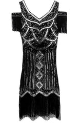 Green 1920s Cold Shoulder Gatsby Dress with Fringe