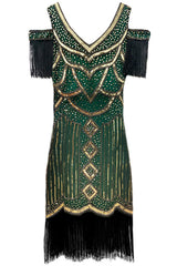 Green 1920s Cold Shoulder Gatsby Dress with Fringe