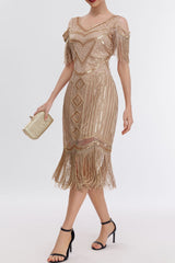 Apricot 1920s Cold Shoulder Gatsby Dress with Fringe