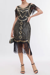 Black Gold 1920s Cold Shoulder Gatsby Dress with Fringe