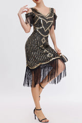 Green 1920s Cold Shoulder Gatsby Dress with Fringe