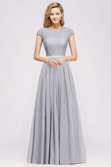 Grey Blue Lace Bridesmaid Dress Cap Sleeves Chiffon Mother of the Bride Dress