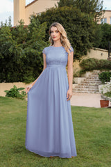 Grey Blue Lace Bridesmaid Dress Cap Sleeves Chiffon Mother of the Bride Dress