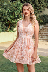 Pink Tulle Lace A-Line Sleeveless Short Homecoming Dress