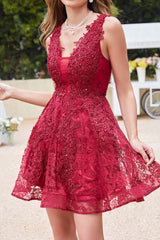 Red Tulle Lace A-Line Sleeveless Short Homecoming Dress