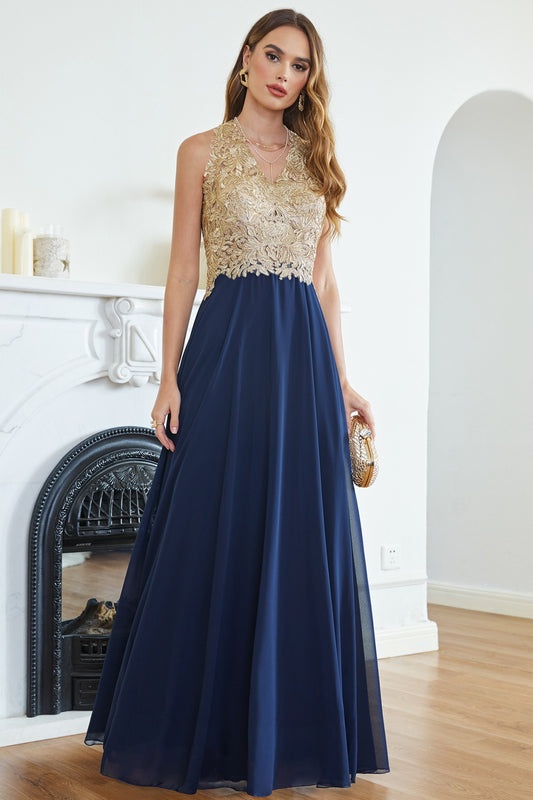 Navy Evening Dress V Neck Chiffon Bridesmaid Dress with Lace Appliques