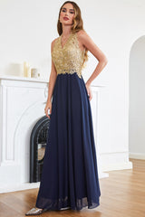 Navy Evening Dress V Neck Chiffon Bridesmaid Dress with Lace Appliques