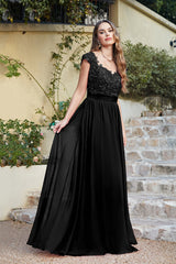 Black Chiffon Lace Bridesmaid Dress Cap Sleeve Formal Dress