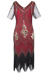 Red Fringe 1920s Short Sleeve V-Neck Flapper Dress