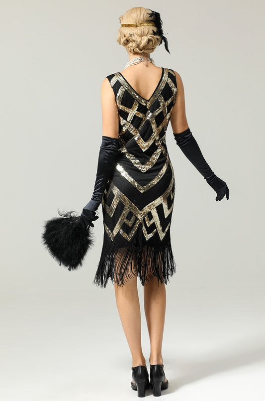 Black Gold Sleeveless Scoop Neck Fringe Flapper 1920s Dress