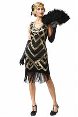 Black Gold Sleeveless Scoop Neck Fringe Flapper 1920s Dress