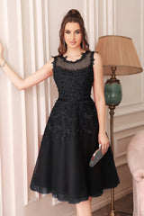 Navy Crew Neck Homecoming Dress Tulle Appliques A Line Wedding Party Dress