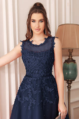 Navy Crew Neck Homecoming Dress Tulle Appliques A Line Wedding Party Dress