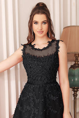 Navy Crew Neck Homecoming Dress Tulle Appliques A Line Wedding Party Dress