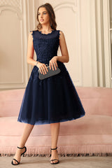 Navy Crew Neck Homecoming Dress Tulle Appliques A Line Wedding Party Dress