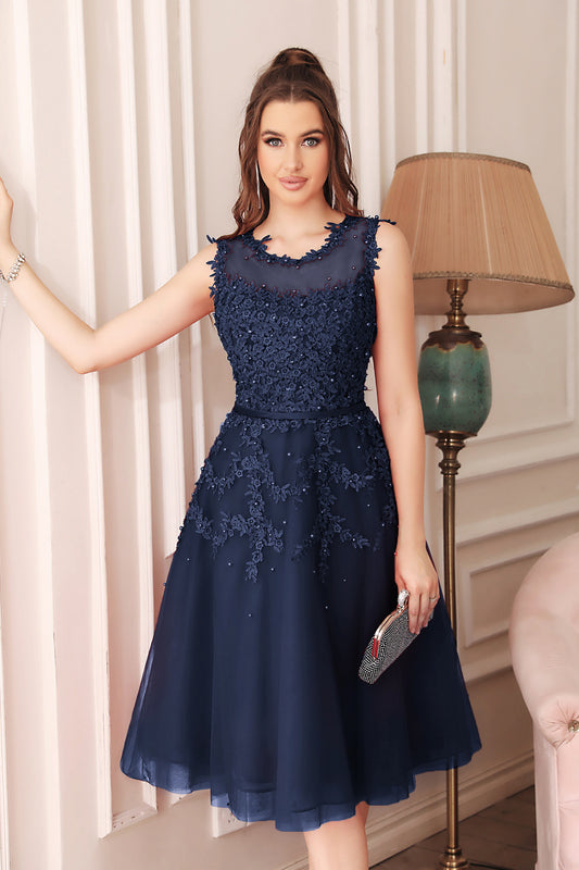 Navy Crew Neck Homecoming Dress Tulle Appliques A Line Wedding Party Dress