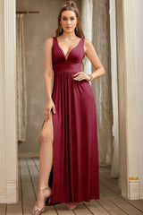 Champagne Bridesmaid Dress Sleeveless V Neck Evening Dress With Slit