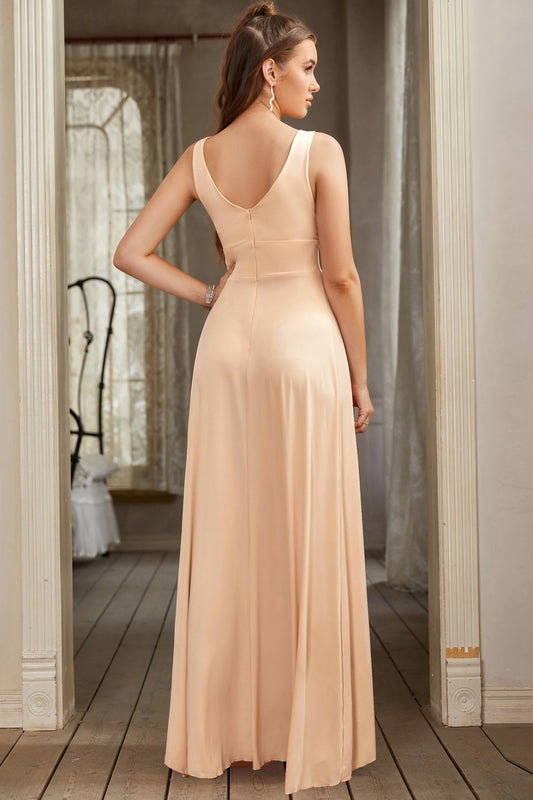 Champagne Bridesmaid Dress Sleeveless V Neck Evening Dress With Slit