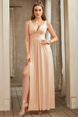 Champagne Bridesmaid Dress Sleeveless V Neck Evening Dress With Slit