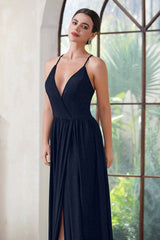 Navy Bridesmaid Dress Spaghetti Straps Formal Dress