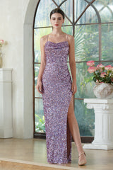 Purple Sequin Spaghetti Straps Prom Dress with Slit