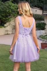 Pink Tulle Homecoming Dress A Line Sleeveless Short Prom Dress with Appliques