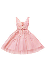 Pink Tulle Homecoming Dress A Line Sleeveless Short Prom Dress with Appliques