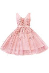 Pink Tulle Homecoming Dress A Line Sleeveless Short Prom Dress with Appliques