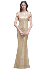 Golden Evening Dress Bateau Neck Sequin Bridesmaid Dress