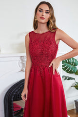 Red Formal Dress Crew Neck Lace Appliques Tulle Evening Dress