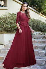 Burgundy Bateau Neck Mother of the Bride Dress 3/4 Sleeve Evening Dress