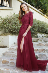 Burgundy Bateau Neck Mother of the Bride Dress 3/4 Sleeve Evening Dress