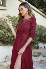 Burgundy Bateau Neck Mother of the Bride Dress 3/4 Sleeve Evening Dress