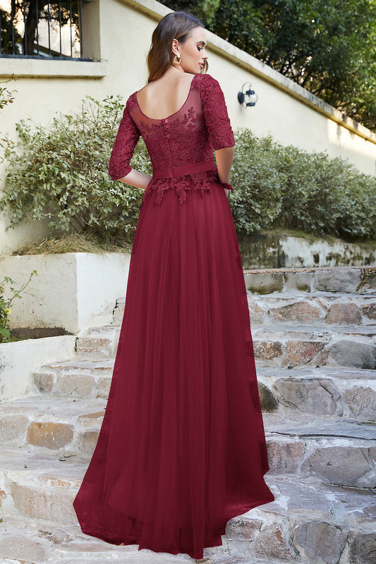 Burgundy Bateau Neck Mother of the Bride Dress 3/4 Sleeve Evening Dress