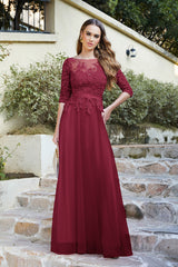 Burgundy Bateau Neck Mother of the Bride Dress 3/4 Sleeve Evening Dress