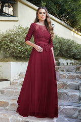 Burgundy Bateau Neck Mother of the Bride Dress 3/4 Sleeve Evening Dress