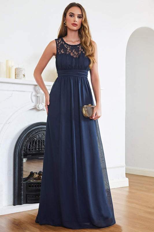 Navy Bridesmaid Dress A-line Lace Sleeveless Lace Chiffon Prom Dress