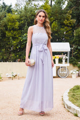 Lilac Lace Chiffon Bridesmaid Dress Bateau Neck Sleeveless Wedding Party Dress