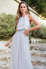 Silver Halter Neck Bridesmaid Dress Sleeveless Wedding Guest Dress