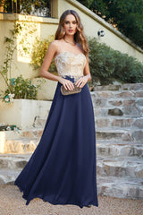 Navy Evening Dress Crew Neck Chiffon Bridesmaid Dress with Lace Appliques