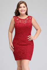 Red Lace Crew Neck Cocktail Party Sleeveless Bodycon Wedding Party Dress