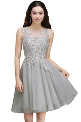 Silver Tulle Homecoming Dress A Line Sleeveless Short Prom Dress with Appliques