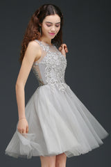 Silver Tulle Homecoming Dress A Line Sleeveless Short Prom Dress with Appliques