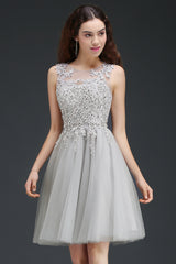 Silver Tulle Homecoming Dress A Line Sleeveless Short Prom Dress with Appliques