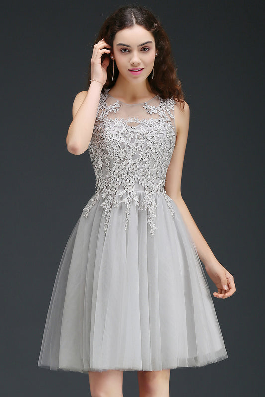 Silver Tulle Homecoming Dress A Line Sleeveless Short Prom Dress with Appliques