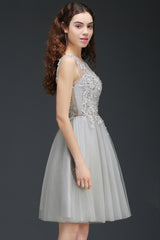 Silver Tulle Homecoming Dress A Line Sleeveless Short Prom Dress with Appliques