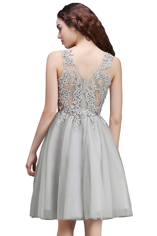 Silver Tulle Homecoming Dress A Line Sleeveless Short Prom Dress with Appliques