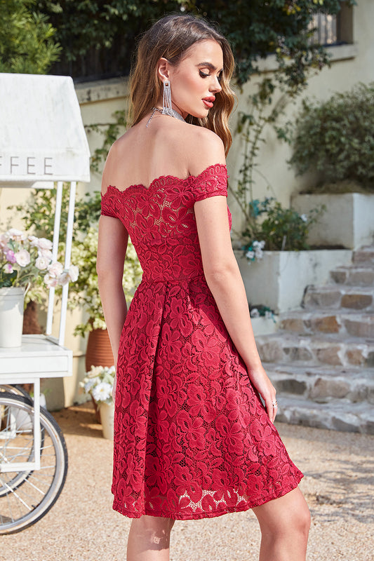 Red Off the Shoulder Lace Short Homecoming Dress