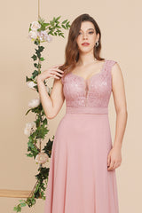 Pink Chiffon Lace Sleeveless Bridesmaid Dress