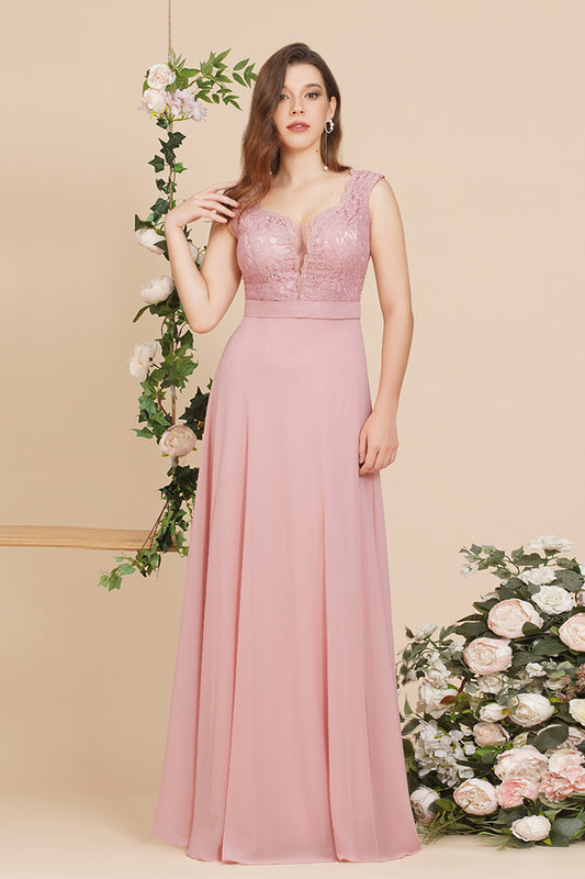 Pink Chiffon Lace Sleeveless Bridesmaid Dress